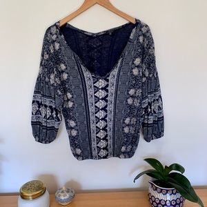 Lucky Brand Blue Pattern Balloon Sleeve Top Small